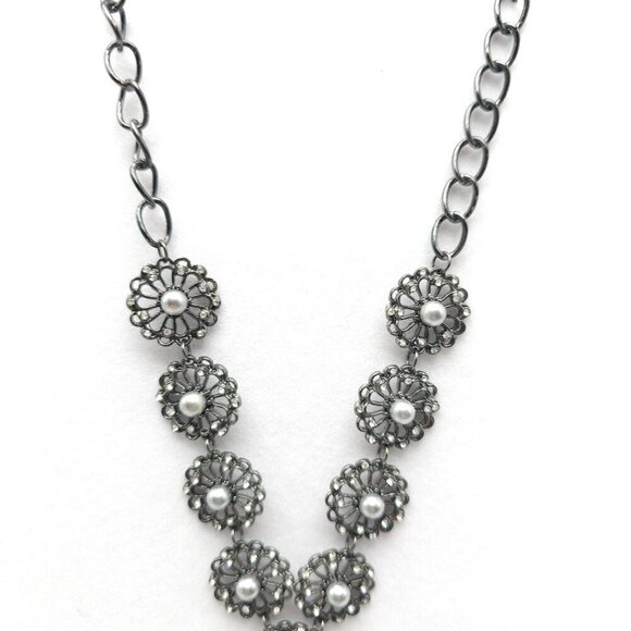 Erica Lyons Black Floral Statement Necklace With Faux Pearls Rhinestones - Picture 4 of 7